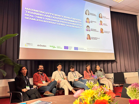 VOXReality NLP Discussion Panel from left to right (Olga Chatzifoti, Yusuf Semerci, Nour Fendri, Petros Drakoulis, Stavroula Bourou and Jiahuan Pei).