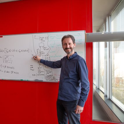 Marten van Dijk at a whiteboard at CWI, January 2024 (with focus area).