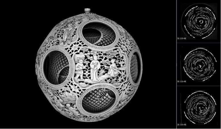 Computer image of a Chinese puzzle ball and CT images on the right.