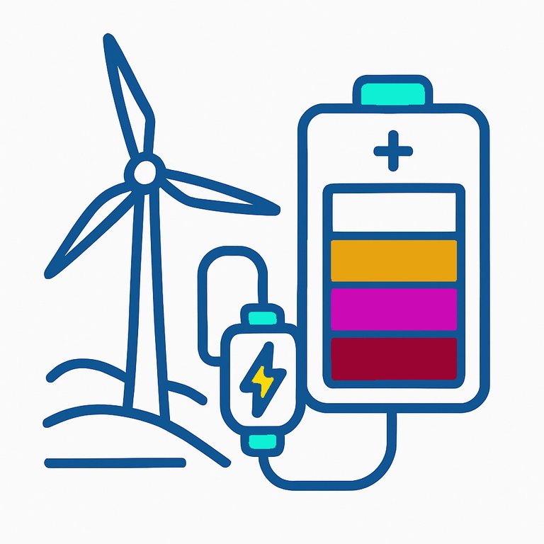 Illustration depicting a battery and a windmill generating elektricity