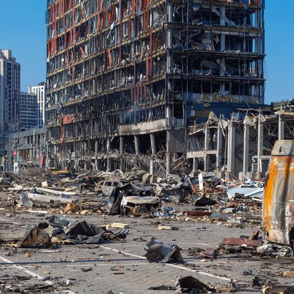 Retroville shopping mall civilian facility after a missile airstrike by russian troops in the Kyiv, Ukrainian capital