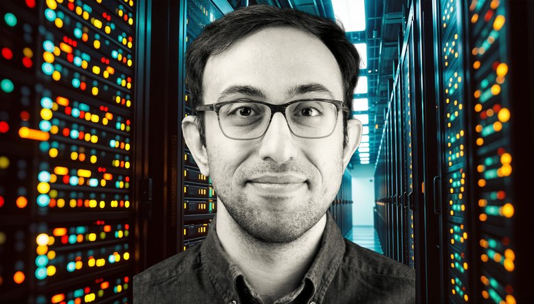 Portrait of Azim Afroozeh, placed in front of an image of a corridor in a data center, filled with rows of servers as blinking lights indicate constant processing.