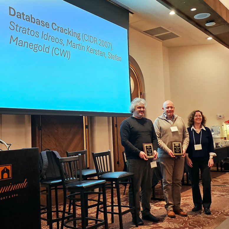 Stratos Idreos and Stefan Manegold are awarded the CIDR Test of Time Award at a conference in the US
