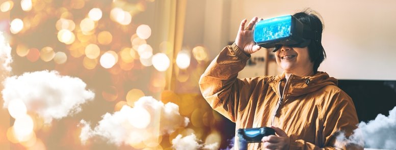Senior people lifestyle at home with modern technology. Elder woman wear virtual reality headset for therapy by metaverse tech online. Older relax on day play vr simulation game.