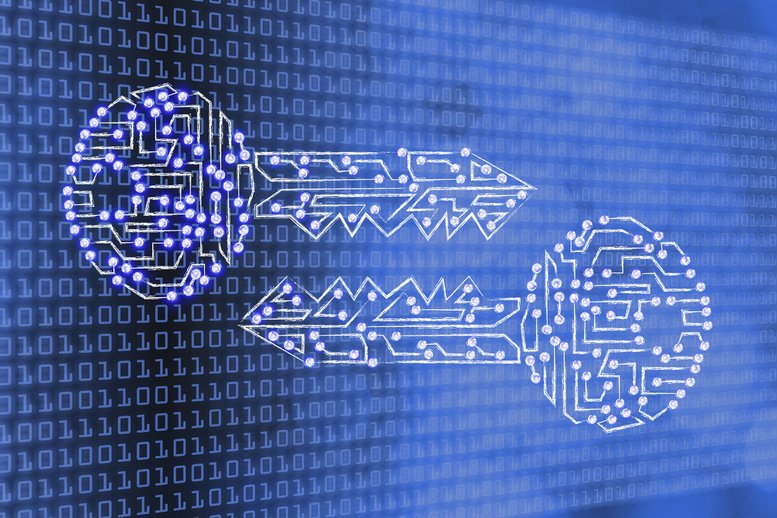 Encryption algorithms and cryptography concepts: matching public and private keys made of electronic microchip circuits with led lights